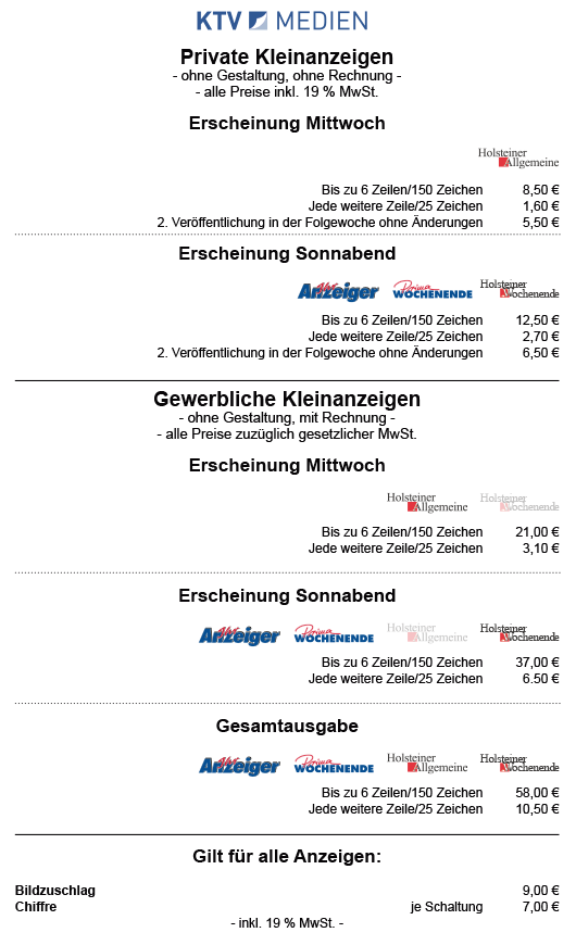 Anzeigenpreise für Kleinanzeigen